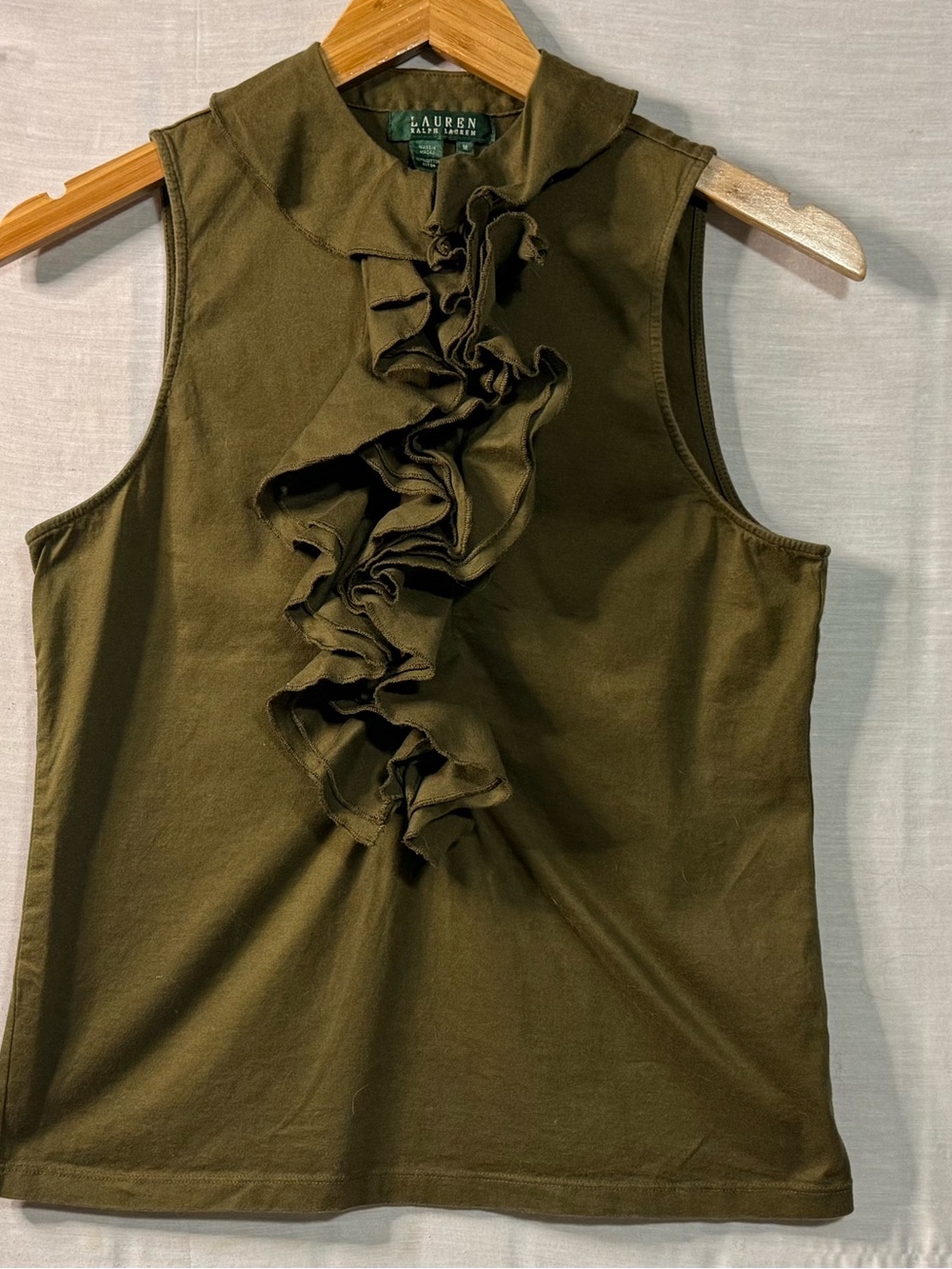 Lauren Ralph Lauren Olive Ruffle Front Sleeveless Top M